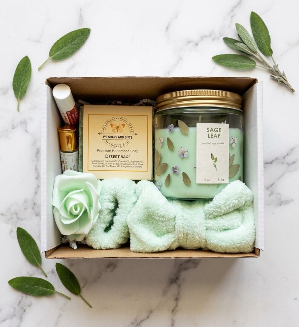 Sage Leaf Spa Gift Set Handmade Desert Sage Soap Soy Candle Headband Lip Balm